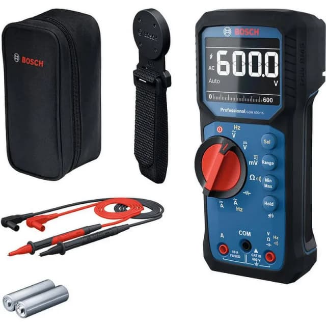 Bosch Professional multimeter GDM 600-15 (True RMS, inverterad LCD, mäter frekvens/kontinuitet/resistans/kapacitans, min/max/genomsnitt, testkablar MS 90) – Bäst i test – multimeter bäst i test 2026