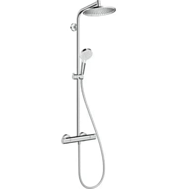 hansgrohe Crometta S - Duschsystem med termostat, Regndusch (⌀ 240 mm), Duschset med handdusch (2 stråltyper), duschslang, duschstång och rund huvuddusch (1 stråltyp), krom, 27267000