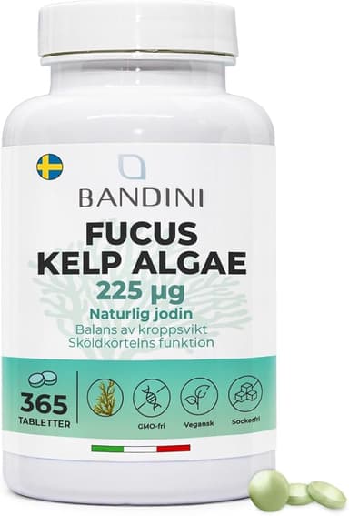 Bandini® Fucus Kelp Algae (Naturligt jod 225mcg) - 365 tabletter (1 års täckning) Vegan - Brunalg titrerad vid 0,1% jod - Stimulerar energimetabolism - Friska naglar och hår