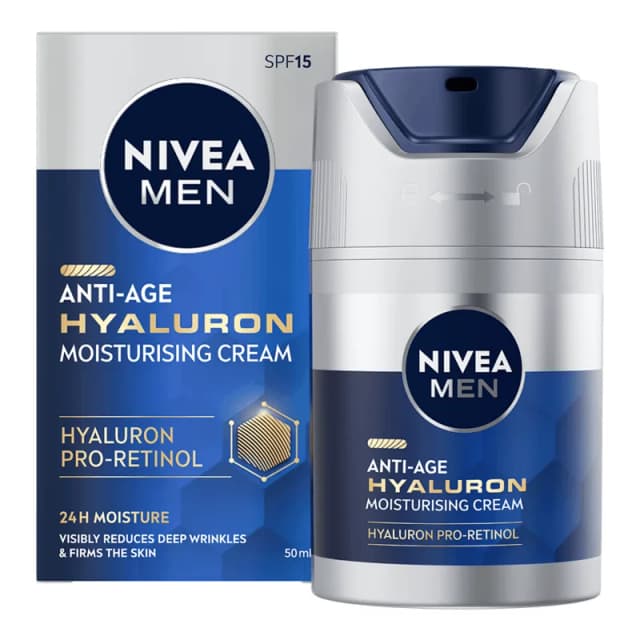 NIVEA MEN Anti-Age Hyaluron fuktkräm, ansiktsvård för män med hyaluron, Pro-Retinol och SPF 15, ansiktskräm för 24 timmar fukt och synlig rynklindring (50 ml) – ansiktskräm med spf bäst i test 2026