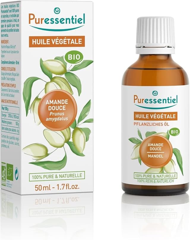 Puressentiel – ekologisk söt mandel vegetabilisk olja – kallpressad – 100 % ren och naturlig – perfekt för vård av hår och hud, fuktgivande vegansk och krispfri – 50 ml – Bäst i test – ansiktsolja bäst i test 2026