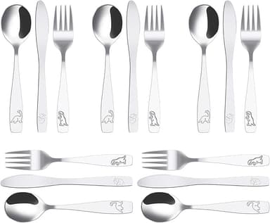 15 st barnbestick i rostfritt stål 5 x gaffel 5 x sked 5 x säker tandad kniv barn, djungel, dinosaurie graverad täckt i rostfritt stål för hem, restaurang, skola, daghem