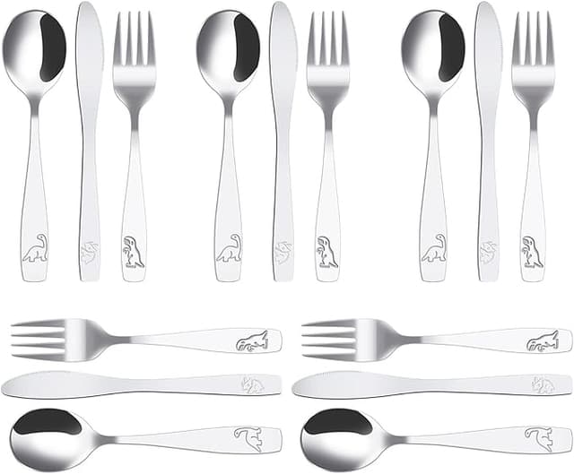 15 st barnbestick i rostfritt stål 5 x gaffel 5 x sked 5 x säker tandad kniv barn, djungel, dinosaurie graverad täckt i rostfritt stål för hem, restaurang, skola, daghem – Bäst i test – barnbestick bäst i test 2026