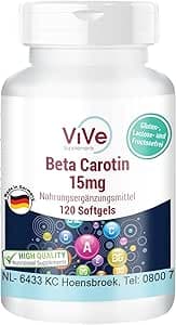 Betakaroten 15 mg – 120 softgels – 2,5 mg retinoläquivalent (RAE) / 5000 IE vitamin A, 4 månaders förbrukning | Kvalitet från Tyskland från ViVe Supplements