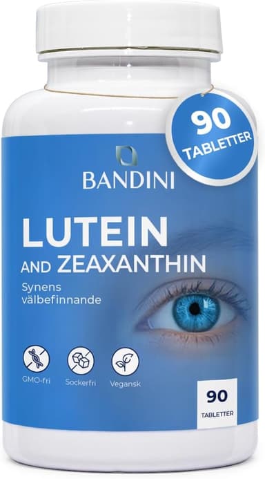 Bandini® Högdos Lutein och Zeaxantin, Ögontillskott med Blåbär och Rödvin, Zink, Vitamin A, B2 och E – Naturligt Synstöd – 90 Tabletter