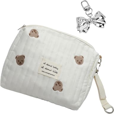 Bärbar skötväska med fluga, broderi björn baby blöjväskor, blöjväska för resor, blöjväska, mammaväska med barnvagnskrok, för mamma baby resa, vit