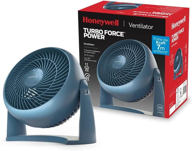 Honeywell TurboForce Power fläkt - blå (kylning med tyst drift, justerbar lutning i 90 °, tre hastighetslägen, väggmonteringsfunktion, bordsfläkt) HT900NE – Bäst i test – bordsfläkt bäst i test 2026