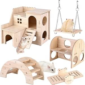 Vegena 5 stycken hamsterleksaker i trä, gör-det-själv-hamsterleksak, hamstergömställe, hus, bro, gunga, träningsleksaker, hamstertillbehör för bur för ökenråttor, råttor och dvärghamstrar – Bäst i test – burtillbehör gerbil bäst i test 2026
