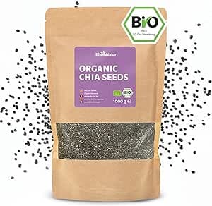 RheinNatur Bio Chia frön 1 kg – 100 % ekologiska chiafrön – rik på proteiner, fiber & omega-3 fettsyror – Perfekt för sallader, yoghurt, müsli och chiavatten – 1000 g påse – Bäst i test – chiafrö bäst i test 2026
