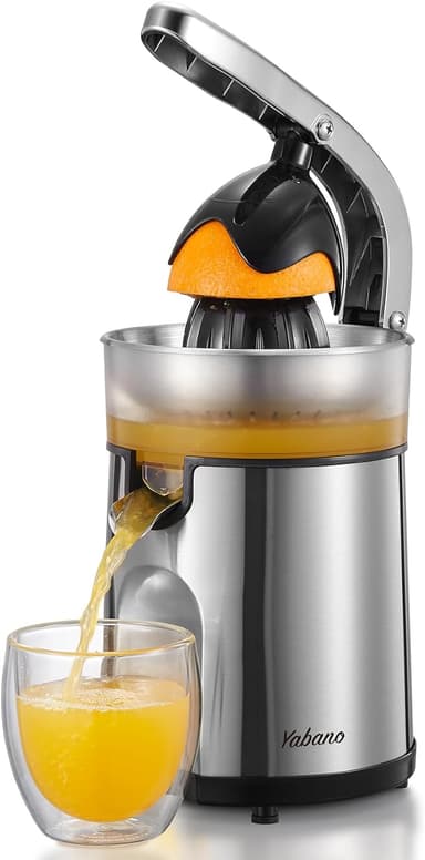 85 W elektrisk citruspress i rostfritt stål med 2 koner, transparent tank, kraftfull extraktion, lätt att använda och rengöra
