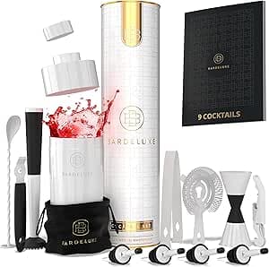 BarDeluxe® Cocktail Set 12 Delar, Cocktail Bar Set | 750 ml Cocktail Shaker i Rostfritt Stål | Inkluderar Lyxig Presentförpackning, Receptbok och Förvaringspåse (Vit)