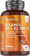 Vitamin D3 K2 2000 IE – 1 års förråd – 365 tabletter med 200 μg vitamin K2 – 1 per dag – Alternativ till vitamindroppar – Vegetariskt – WeightWorld