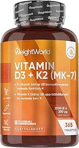 Vitamin D3 K2 2000 IE – 1 års förråd – 365 tabletter med 200 μg vitamin K2 – 1 per dag – Alternativ till vitamindroppar – Vegetariskt – WeightWorld – Bäst i test – d-vitamin bäst i test 2026