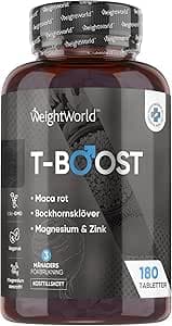 T Boost - 180 veganska tabletter med zink, macaextrakt, magnesium, bockhornsklöver - Kosttillskott - 3 månaders förbrukning - Magnesiumstearatfri - WeightWorld – Bäst i test – DAA bäst i test 2026