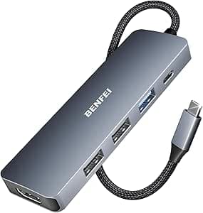 BENFEI USB C Hub 5-i-1 med 4K HDMI, 3 USB-A, 100 W strömförsörjning, silikon och vävd designkabel, aluminiumfodral kompatibel med MacBook Pro/Air, iPad Pro, iMac, iPhone 15-serien, XPS, Thinkpad pad