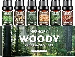 AESHORY Träig Eteriska Oljor Set 6 x 10ML, Naturlig Aroma Diffuser Olja Gift Set, Aromaterapi Oljor Doftoljor för Diffusorer, SPA - Sandelträ, Cederträ, Teakträ, Skogstall, Rökelse, Cypress