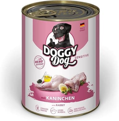 DOGGY Dog Paté Kanin Sensitive, 6 x 800 g, våtfoder för hundar, spannmålsfritt hundfoder med laxolja och grönläppskal, särskilt väl tolererat helfoder, tillverkad i Tyskland