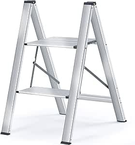 KINGRACK Trappstege med 2 steg, vikbar stege i aluminium, bärbar smal köksstege, säker hushållsstege, trappstege med multifunktion, silver