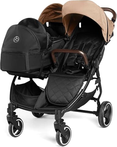Ickle Bubba Venus Prime dubbelvagn - lämplig från födseln till 15 kg (ca 3 år), lätt, hopfällbar tvillingvagn med nyföddkokong, 2 quiltade fotvärmare och regnskydd (Biscuit)