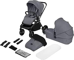 LIONELO Mika Plus 2-i-1 Barnvagn med Liggdel & Sittdel, Terränghjul med Dämpning, XXL Sufflett UPF50+, 5-punkts Bälte, Justerbart Ryggstöd & Fotstöd, Hopfällbar, Upp till 22 kg, Inkl Tillbehör, Grå