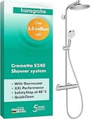 hansgrohe Crometta S - Duschsystem med termostat, Regndusch (⌀ 240 mm), Duschset med handdusch (2 stråltyper), duschslang, duschstång och rund huvuddusch (1 stråltyp), krom, 27267000