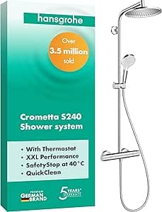 hansgrohe Crometta S - Duschsystem med termostat, Regndusch (⌀ 240 mm), Duschset med handdusch (2 stråltyper), duschslang, duschstång och rund huvuddusch (1 stråltyp), krom, 27267000