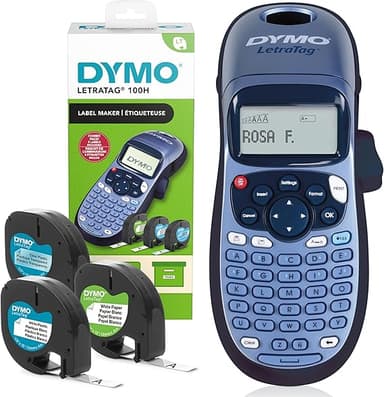 Dymo LetraTag LT-100H-etikettskrivare, startsats | Handhållen etikettskrivare | med etikettejp i plast, papper och genomskinlig | Perfekt för kontoret eller hemmet