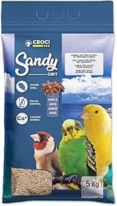 Croci Sandy med grepp 5 kg – hygienisk sand för fåglar, anis-doftande med ostronskal och kalciumkarbonat – gynnar matsmältning, absorberar lukt, för kanariefåglar, papegojor, exotisk