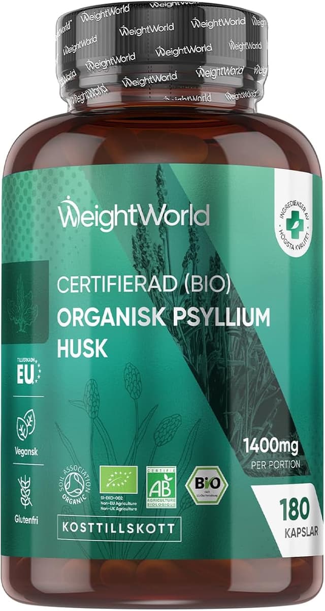 Ekologiskt psylliumskal 1400 mg per portion - 180 veganska kapslar - 3 månaders förbrukning - Psylliumskal - Glutenfritt & icke-GMO - Certifierat ekologiskt psylliumskalpulver från WeightWorld – Bäst i test – fibertabletter bäst i test 2026