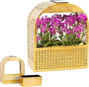 Gadgy Solcellsvägglampa med blomkruka – hängande väggvas med varmt vitt solcellsljus – upplyst blomampel för balkong och terrass – väderbeständig trädgårdsbelysning och växtskål med ljus