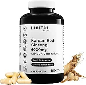 Ginseng 6000 mg. 180 veganska kapslar för 6 månaders behandling. Naturligt rotextrakt 15:1 med 30% Ginsenosider per kapsel. Koreansk Röd Ginseng. Tillverkad i Europa av HIVITAL