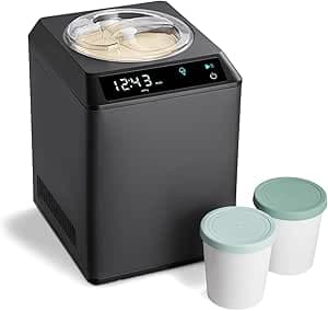 SPRINGLANE Glassmaskin och yoghurtberedare Erika 2,5 L med självkylande kompressor 250 W, glassmaskin i rostfritt stål med kyl- och värmefunktion, inkl. receptbok 2 förvaringsbehållare