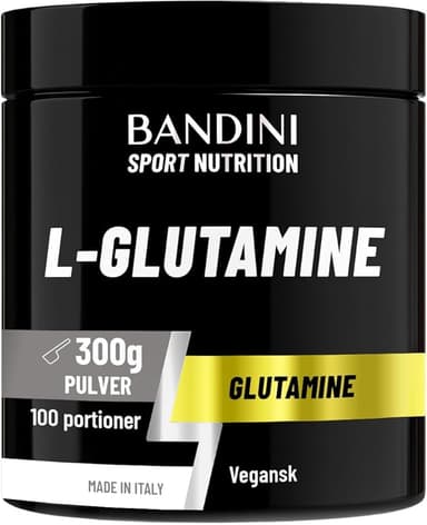 Bandini® Pure L-Glutamine Powder, aminosyra som är användbar vid högintensiv träning och för muskelmassa och styrka, 100% veganskt glutaminpulver, gymsport och träning, 300 g förpackning