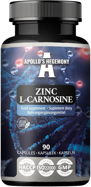 Zink L-karnosin 37,5 mg per kapsel - 90 veganska kapslar - 3 månaders leverans - För hud-, hår- och nagelhälsa - Kosttillskott från Apollo's Hegemony