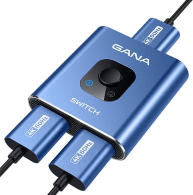 GANA 4K @ 60 Hz dubbelriktad HDMI-switch, 2-i-1 aluminium, manuell HDMI-hubb, kompatibel med Xbox PS5/4/3, Fire Stick Roku, svart (stöder 1 skärm per gång)