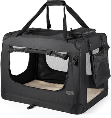 lionto Transportbur vikbar för resa & bil, 90x61x65 cm, stabil bur med bärhandtag & filt för katter & hundar upp till 22 kg, robust tygbur för små & stora husdjur, svart