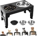 Hundskål upphöjd, höjdjusterbar hundskål stora hundar – 2 x rostfri skål (1 200 ml) + 1 x långsam matare (800 ml) – halkfri foderstation för medelstora/stora hundar svart grå