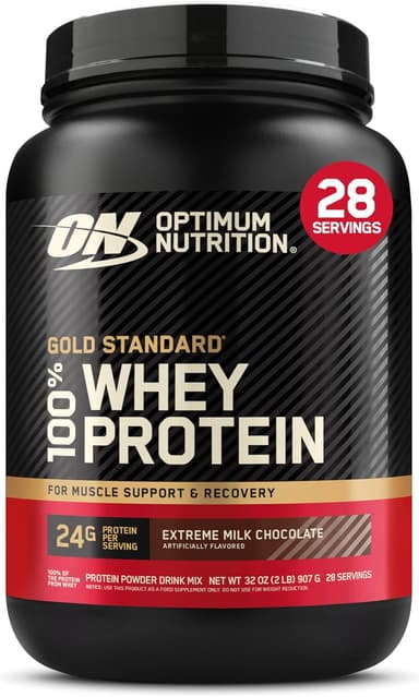 Optimum Nutrition Gold Standard 100% Whey Vassleprotein, Extreme Milk Chocolate, 896g, 28 Portioner, Förpackningen Kan Variera