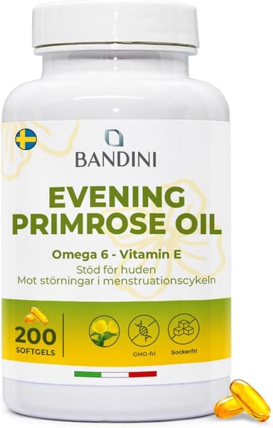 Bandini® Nattljusolja Evening Primrose Oil 200 pärlor - Kallpressad 2000 mg - 10% Gla med E-vitamin - Antioxidant för hud, hår och naglar - Klimakteriet och motverkar störningar i menstruationscykeln