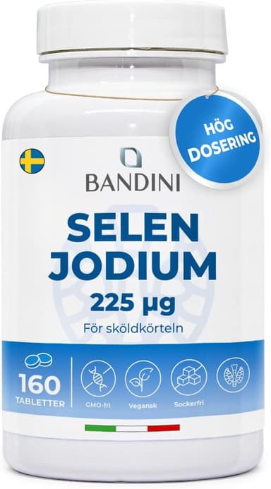 Bandini® JOD 225 mcg + SELENIUM 100 mcg - 160 tabletter - Hög absorption och hög dos - Kaliumjodid KI + Selen Metionin Kosttillskott - Vegansk, ingen GMO - Tillverkad i Italien