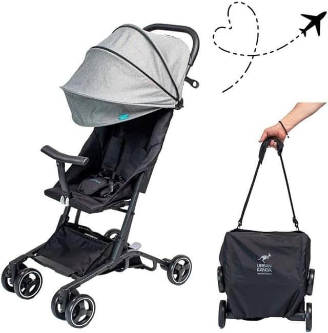 Urban Kanga Bandicoot resevagn för flygplanshandbagage – ultralätt, kompakt hopfällbar buggy upp till 22 kg med axelrem och skydd (ljusgrå) – Bäst i test – joggingvagn bäst i test 2026