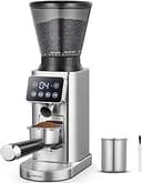 AMZCHEF Elektrisk kaffekvarn med avtagbart stativ och behållare, LCD-pekskärm, 24 exakta inställningar, kaffekvarn för espresso, filter, hällpip, kall bryggning, kolvkaffebryggare