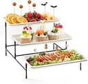 Lifewit 3-vånings serveringsbricka för festmat, 30x17 cm plastplattor för servering av mat, vita återanvändbara brickor med svart visningsställ av metall för grönsaker, frukt, kakor, efterrätter