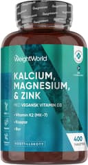 Kalcium Magnesium Zink - 400 tabletter 1+ år - Magnesium, Vitamin D3 K2, Bor, Selen, Koppar - 500 mg Kalcium - 1 vegansk tablett per dag - Glutenfri - Alternativ till elektrolytkapseler - WeightWorld