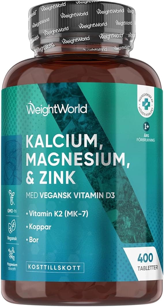 Kalcium Magnesium Zink - 400 tabletter 1+ år - Magnesium, Vitamin D3 K2, Bor, Selen, Koppar - 500 mg Kalcium - 1 vegansk tablett per dag - Glutenfri - Alternativ till elektrolytkapseler - WeightWorld – Bäst i test – kalcium magnesium tabletter bäst i test 2026