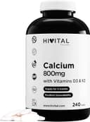 Kalcium 800 mg med Vitamin D3 och Vitamin K2 MK7. 240 tabletter för 4 månaders behandling. Ekologiskt Kalciumkarbonatmineral med Vitamin K2 MK7 och Vitamin D3. Tillverkad i Europa av HIVITAL