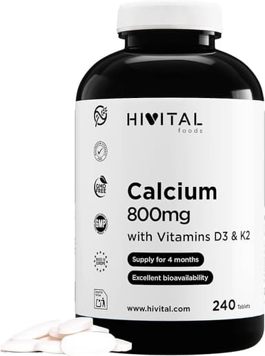 Kalcium 800 mg med Vitamin D3 och Vitamin K2 MK7. 240 tabletter för 4 månaders behandling. Ekologiskt Kalciumkarbonatmineral med Vitamin K2 MK7 och Vitamin D3. Tillverkad i Europa av HIVITAL