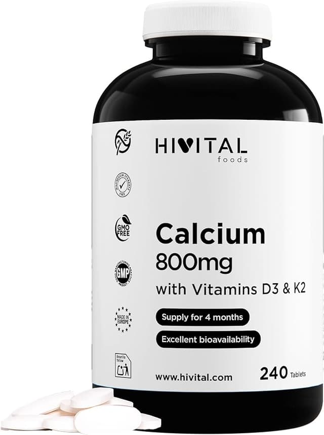 Kalcium 800 mg med Vitamin D3 och Vitamin K2 MK7. 240 tabletter för 4 månaders behandling. Ekologiskt Kalciumkarbonatmineral med Vitamin K2 MK7 och Vitamin D3. Tillverkad i Europa av HIVITAL – Bäst i test – kalciumtabletter bäst i test 2026
