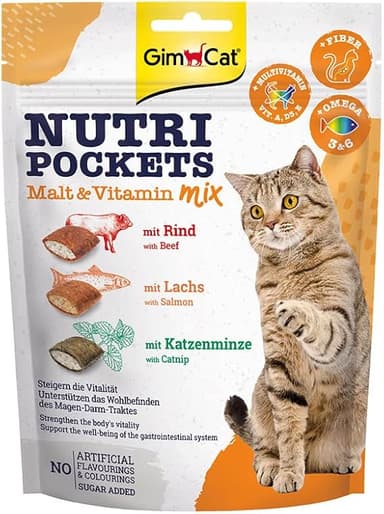 GimCat Nutri Pockets Malt & Vitamin Mix - Knaprigt kattgodis med krämig fyllning och funktionella ingredienser - 1 påse (1 x 150 g)