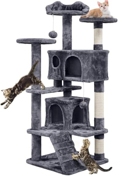 Yaheetech Klösträd klätterträd 139 cm klösträd för katter med 2 kattgrottor plysch, kattmöbler, mörkgrå